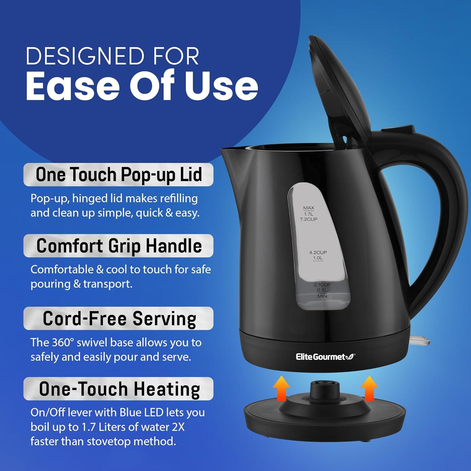 imageElite Gourmet EKT8690 17L Electric Tea Kettle 1500W Hot Water Heater Boiler BPAFree Fast Boil Water Level Window and Auto ShutOff BlackBlack