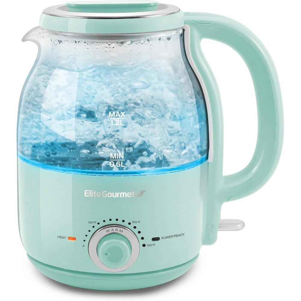 imageElite Gourmet 12L Electric Glass Kettle 1200W Fast Boil Adjustable Temperature Control amp Keep Warm BPAFree Borosilicate Glass Auto ShutOff amp BoilDry Protection 360 Cordless Base MintMint