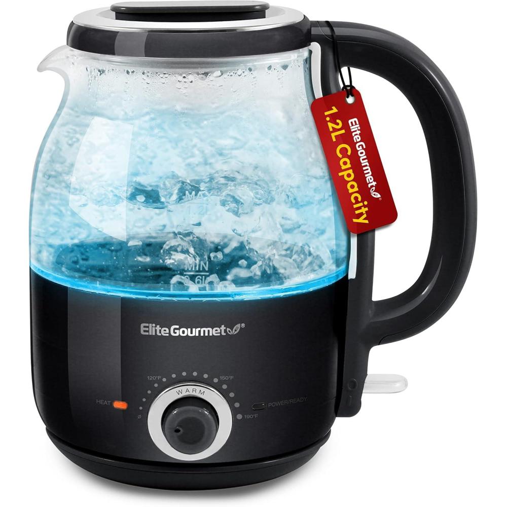 imageElite Gourmet 12L Electric Glass Kettle 1200W Fast Boil Adjustable Temperature Control amp Keep Warm BPAFree Borosilicate Glass Auto ShutOff amp BoilDry Protection 360 Cordless Base MintBlack