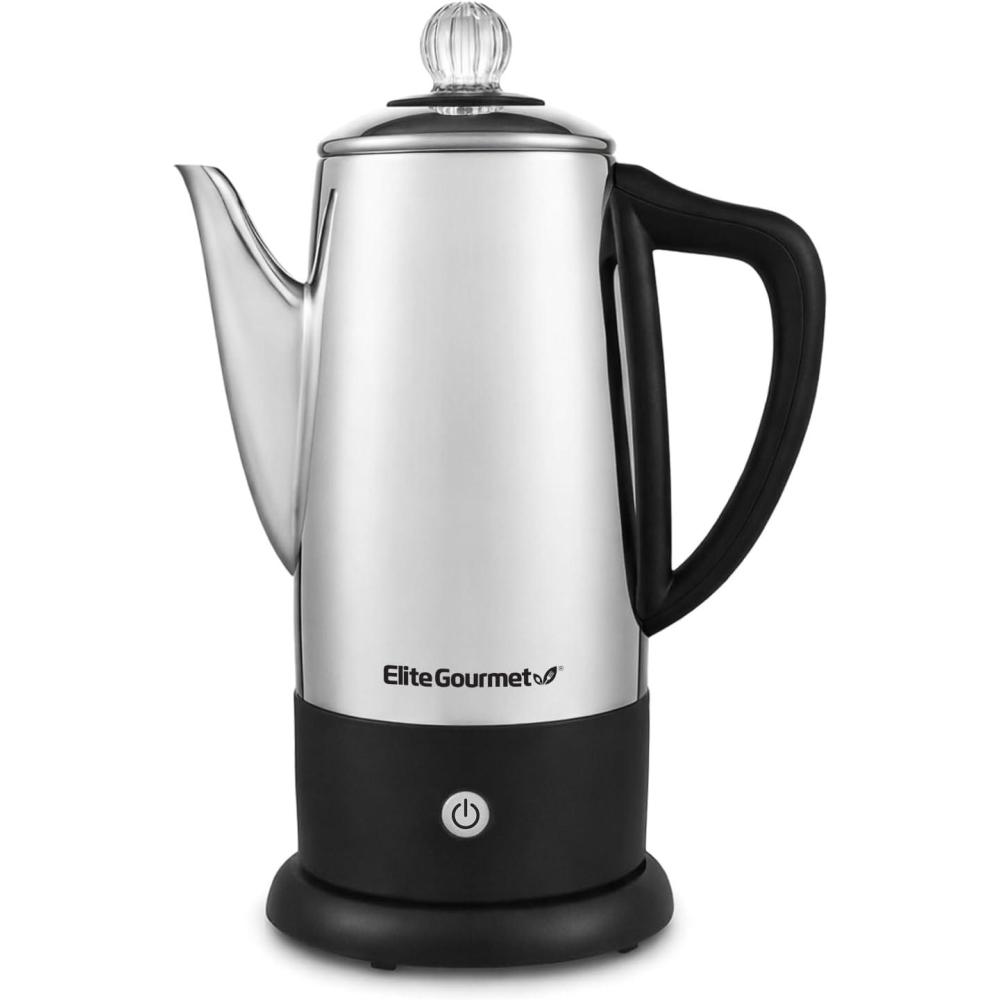 imageElite Gourmet 6Cup Electric Coffee Percolator Stainless Steel Fast Brewing Keep Warm with Auto ShutOff Clear Brew Progress Knob Cordless Serving Base Reusable Filter 1000W12Cup