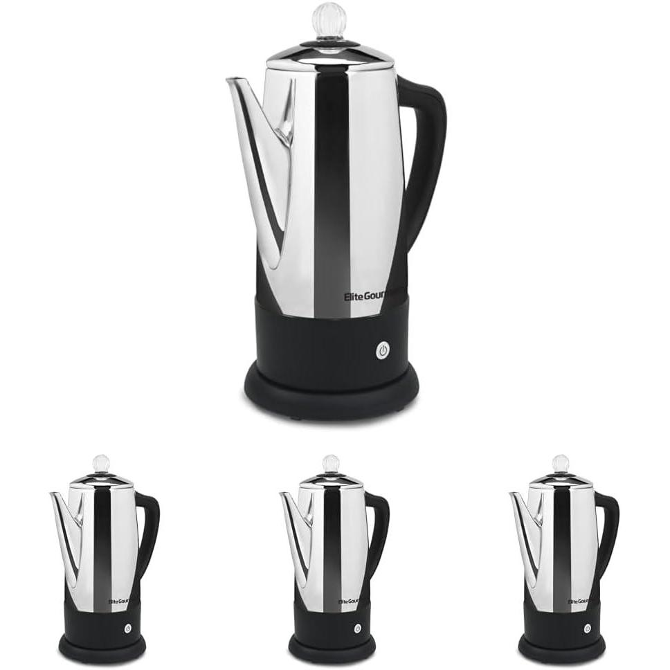 imageElite Gourmet 6Cup Electric Coffee Percolator Stainless Steel Fast Brewing Keep Warm with Auto ShutOff Clear Brew Progress Knob Cordless Serving Base Reusable Filter 1000W12Cup Pack of 4