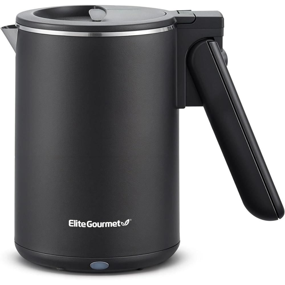 imageElite Gourmet Dual Voltage 120230V Travel Double Wall Insulated CoolTouch 06L Electric Kettle Stainless Steel Interior HingedLocking Lid Auto ShutOff Boil Dry Protection Black06 Quarts