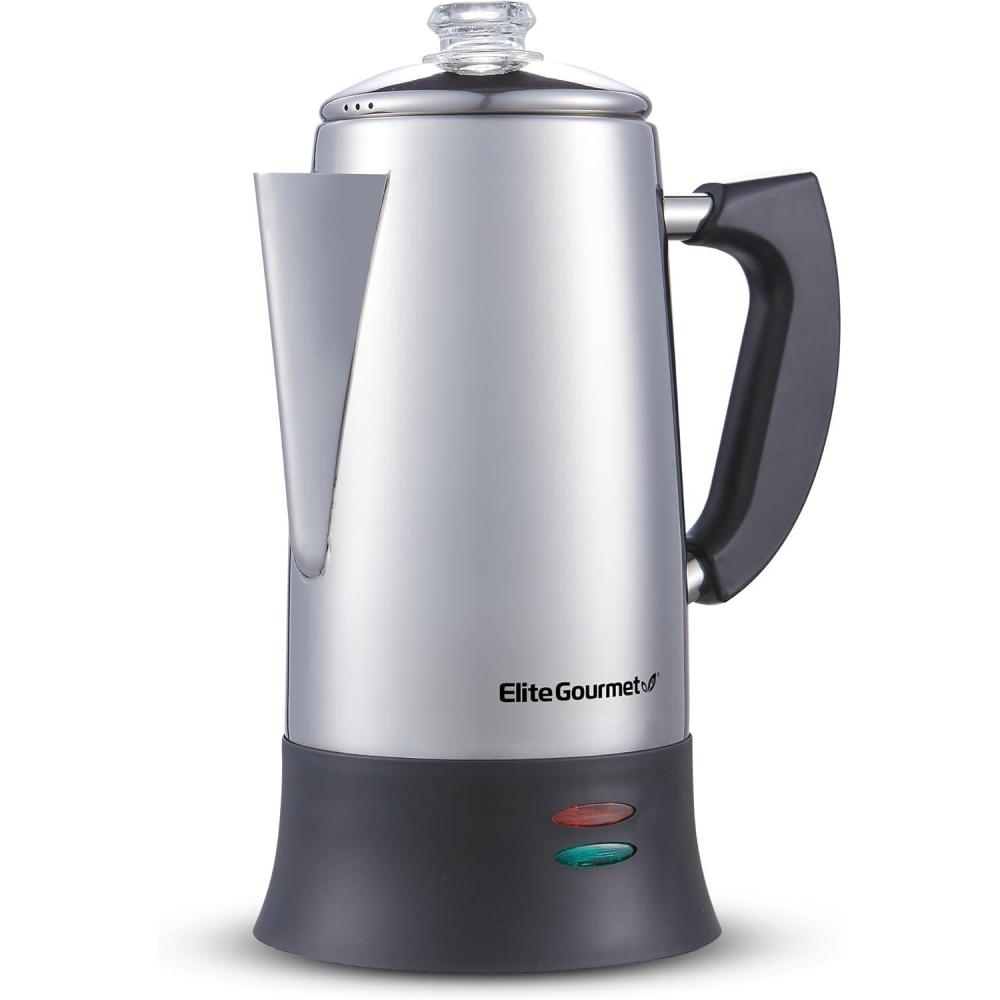 imageElite Gourmet EC922 Electric Coffee Percolator BPA Free Keep Warm Glass Clear Brew Progress Knob CoolTouch Handle Cordless Serve 12Cup Stainless SteelStainless Steel