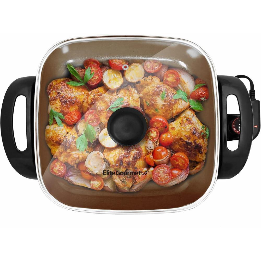 imageElite Gourmet EG3033 12x12x235 Healthy Ceramic with Titanium Coated Scratch Resistant Electric Skillet Dishwasher Safe Rapid Heat Up 1200W Dark Grey 6 Quart