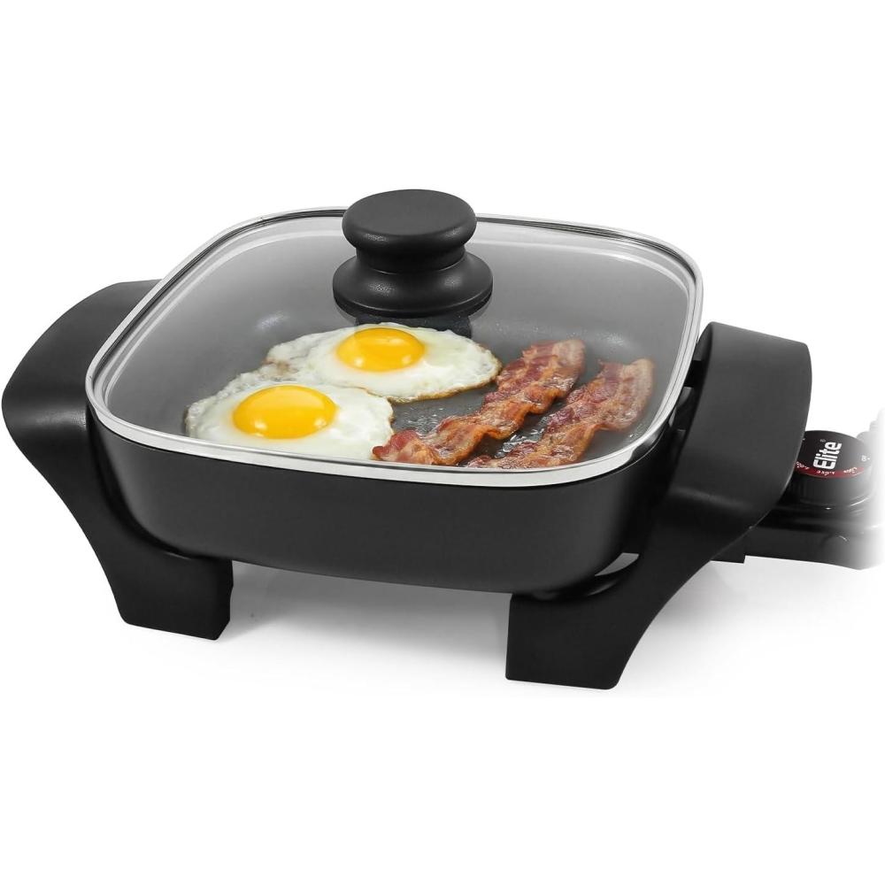 imageElite Gourmet EG6201 Extra Deep 12x12x32 75Qt Scratch Resistant Dishwasher Safe Nonstick Electric Skillet with Glass Vented Lid Adjustable Temperature Black8 x 8 25 Qt