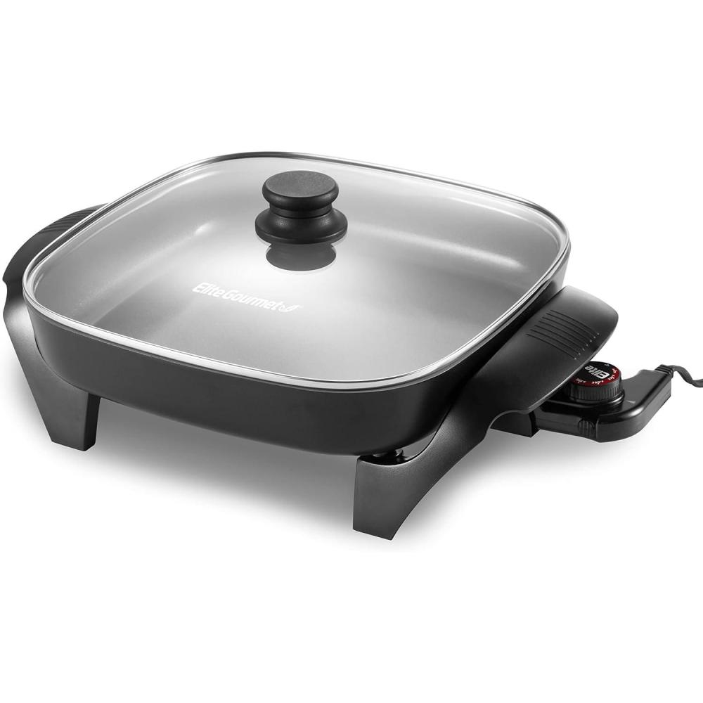 imageElite Gourmet EG6201 Extra Deep 12x12x32 75Qt Scratch Resistant Dishwasher Safe Nonstick Electric Skillet with Glass Vented Lid Adjustable Temperature Black12 x 12 6 Qt