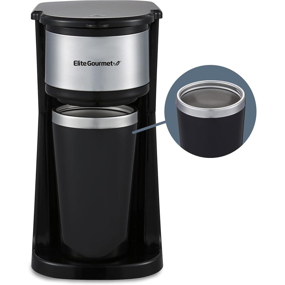 imageElite Gourmet EHC111A Personal SingleServe Compact Coffee Maker Brewer Includes 14Oz Stainless Steel Interior Thermal Travel Mug Compatible with Coffee Grounds Reusable Filter BlackStainless Steel