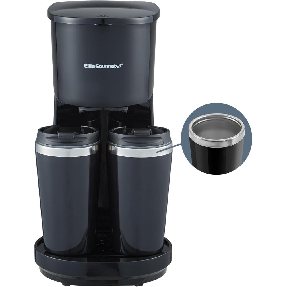 imageElite Gourmet EHC116 Dual Drip Double Coffee Maker Brewer Includes Two 14 Oz Stainless Steel Interior Thermal Travel Mugs Compatible with Coffee Grounds Reusable Filter Black28 ounce