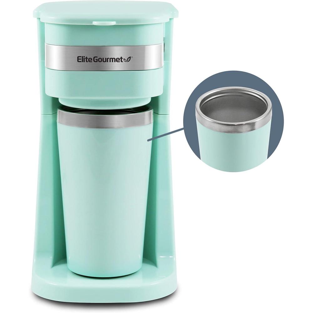 imageElite Gourmet EHC117M Personal SingleServe Compact Coffee Maker Brewer Includes 14Oz Thermal Travel Mug with Stainless Steel Interior Compatible with Coffee Grounds Reusable Filter MintMint