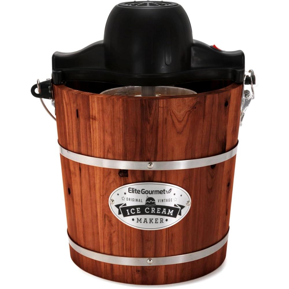 imageElite Gourmet EIM402 Old Fashioned 4 Quart Vintage Wood Bucket Electric Ice Cream Maker Machine Bonus Classic DieCast Hand Crank for Churning Uses Ice and Rock Salt Churns Ice Cream in MinutesWalnut
