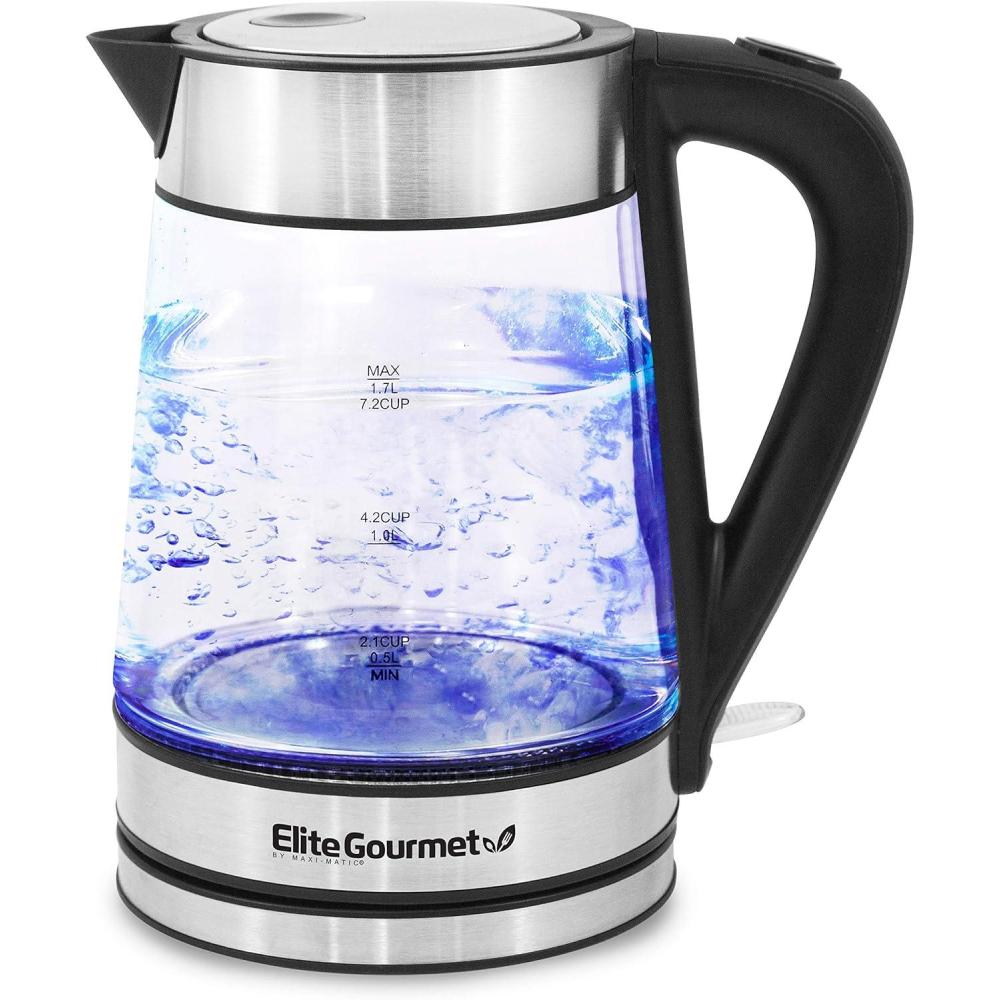 imageElite Gourmet EKT1001 Electric 10L BPAFree 1100W Glass Kettle Cordless 360 Base Stylish Blue LED Interior Handy Auto ShutOff Function Quickly Boil Water For Tea amp More BlackStainless Steel