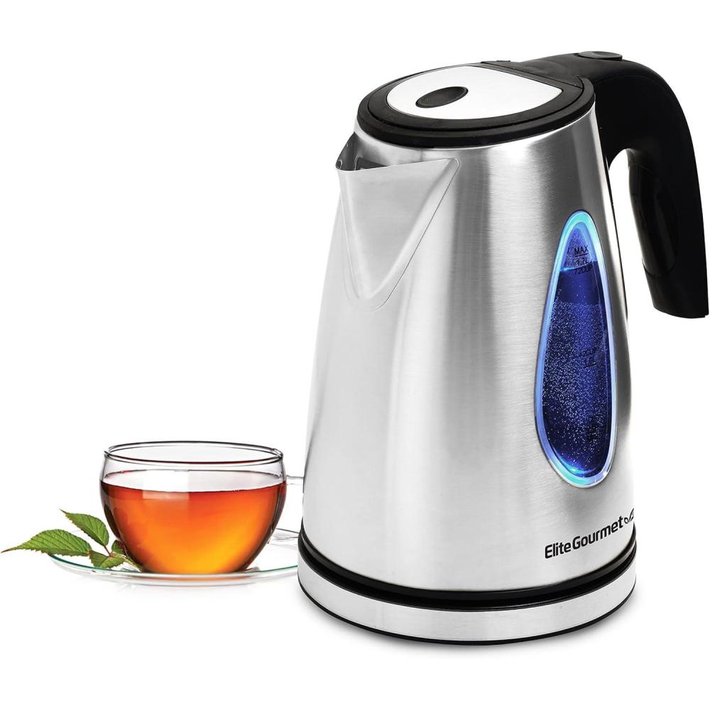 imageElite Gourmet EKT1271 Ultimate 17 Liter Electric Kettle Stainless Steel Design amp Cordless 360 Base Stylish Blue LED Interior Handy Auto ShutOff Function Quickly Boil Water For Tea amp MoreStainless Steel