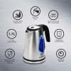 Elite Gourmet EKT-602 Electric BPA-Free Glass Kettle, Cordless 360° Base, Stylish Blue LED Interior, Handy Auto Shut-Off Function – Quickly Boil Water For Tea & More(Stainless Steel)