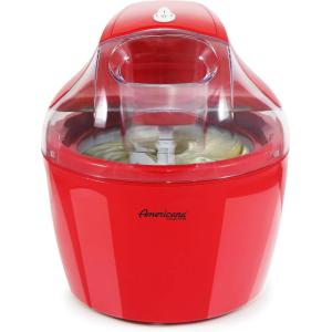 Americana EIM-1400R 1.5 Qt Freezer Bowl Automatic Easy Homemade Electric Ice Cream Maker, Ingredient Chute, On/Off Switch, No Salt Needed, Creamy Ice Cream, Gelato, Frozen Yogurt, Sorbet, Recipe Book(Red)