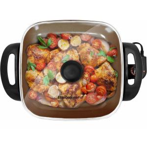 Elite Gourmet EG3033 12″x12″x2.35” Healthy Ceramic with Titanium Coated Scratch Resistant Electric Skillet, Dishwasher Safe, Rapid Heat Up, 1200W, Dark Grey, 6 Quart