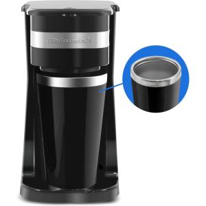 Elite Gourmet EHC111A Personal Single-Serve Compact Coffee Maker Brewer Includes 14Oz. Stainless Steel Interior Thermal Travel Mug, Compatible with Coffee Grounds, Reusable Filter, Black(Black)