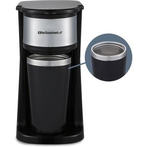 Elite Gourmet EHC113 Personal Single-Serve Compact Coffee Maker Brewer Includes 14Oz. Stainless Steel Interior Thermal Travel Mug, Compatible with Coffee Grounds, Reusable Filter, Black(Stainless Steel)