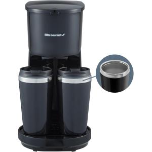 Elite Gourmet EHC116 Dual Drip Double Coffee Maker Brewer Includes Two 14 Oz Stainless Steel Interior Thermal Travel Mugs, Compatible with Coffee Grounds, Reusable Filter, Black(28 ounce)