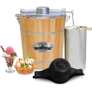 Elite Gourmet EIM402 Old Fashioned 4 Quart Vintage Wood Bucket Electric Ice Cream Maker Machine, Bonus Classic Die-Cast Hand Crank for Churning, Uses Ice and Rock Salt Churns Ice Cream in Minutes(Pine)