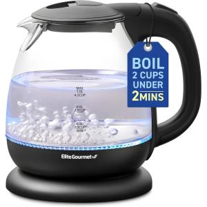 Elite Gourmet EKT1001 Electric 1.0L BPA-Free 1100W Glass Kettle Cordless 360° Base, Stylish Blue LED Interior, Handy Auto Shut-Off Function – Quickly Boil Water For Tea & More, Black(Glass)
