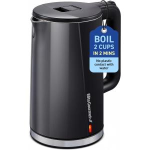 Elite Gourmet EKT1821 1.8L Double Wall Insulated, Cool-Touch 1500W Kettle w/Stainless Steel Interior & Lid, 360° Swivel Base for Cord Free Serving, Power On Lever, Auto Shut-Off, Boil Dry, Black(1.8 Quarts)