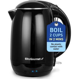 Elite Gourmet EKT1821 1.8L Double Wall Insulated, Cool-Touch 1500W Kettle w/Stainless Steel Interior & Lid, 360° Swivel Base for Cord Free Serving, Power On Lever, Auto Shut-Off, Boil Dry, Black(1.9 Quarts)