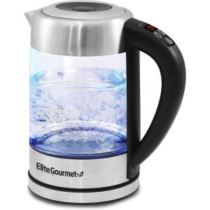 Elite Gourmet EKT-602 Electric BPA-Free Glass Kettle, Cordless 360° Base, Stylish Blue LED Interior, Handy Auto Shut-Off Function – Quickly Boil Water For Tea & More(Glass)