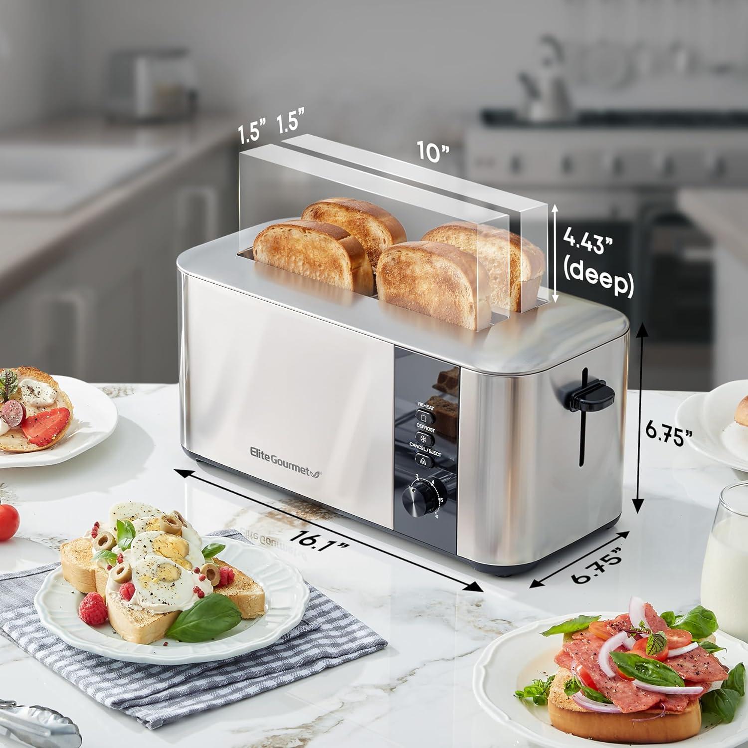 imageElite Gourmet ECT3401 Long Slot 4 Slice Toaster 15 Slot Width 6 Toast Shade Settings Reheat Defrost amp Cancel Functions Extra Large Slots for Bagels Waffles Artisan Breads Stainless Steel