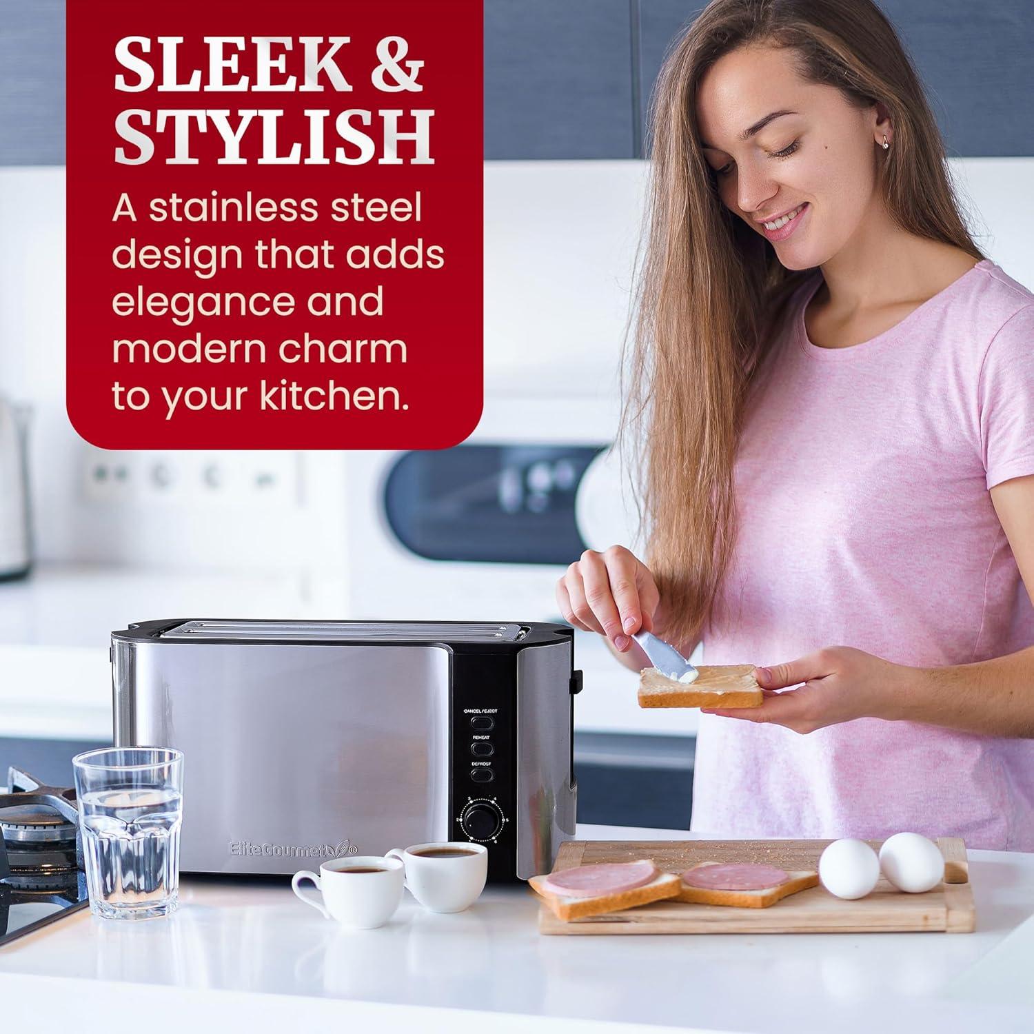 imageElite Gourmet ECT4123X Long Slot 4 Slice Toaster Extra Wide 15 and 51 Deep Slots Bagel Defrost amp Cancel Functions 6 Toast Shade Settings Fits Bagels Waffles Artisan Breads Stainless SteelMatte Black