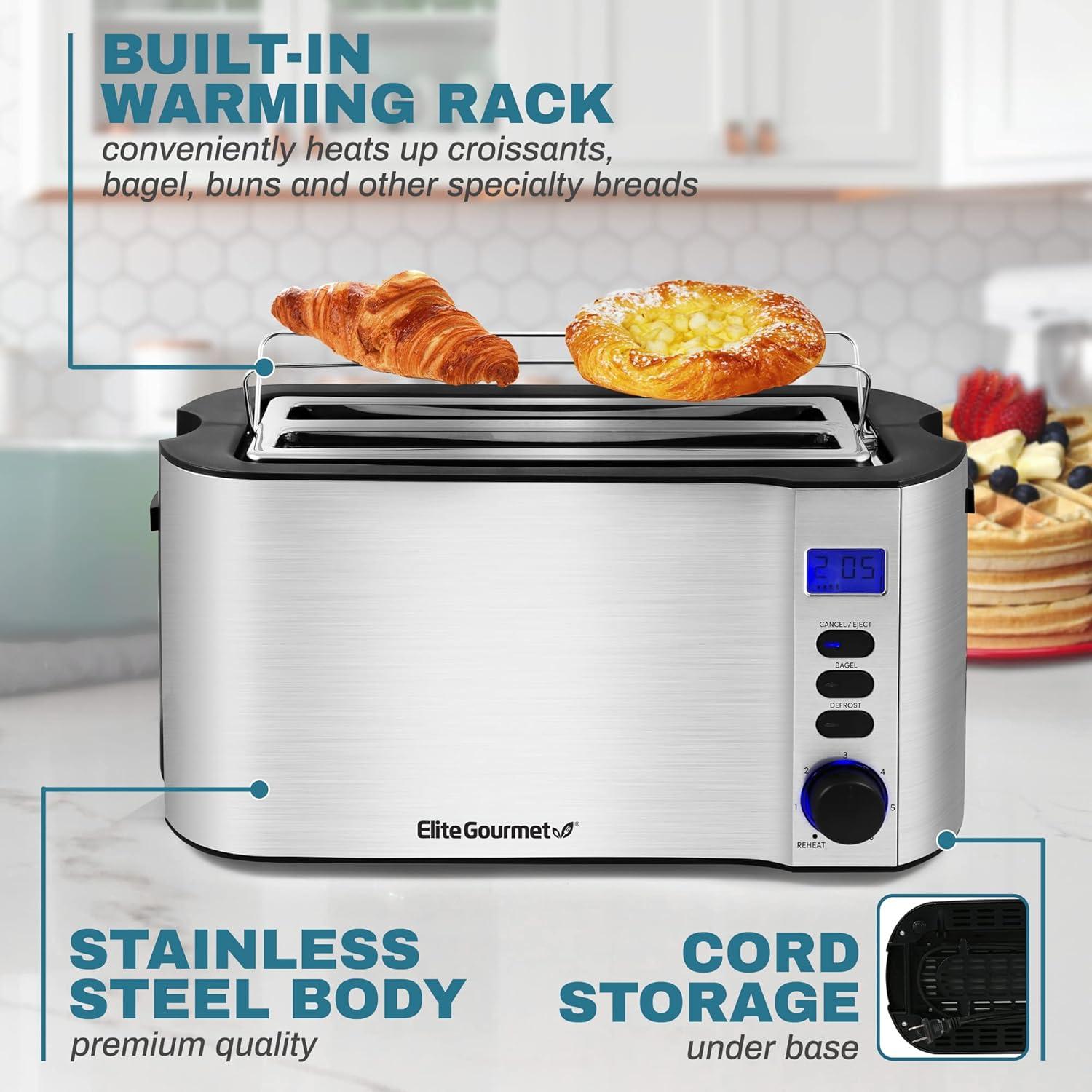 imageElite Gourmet ECT4400B Long Slot 4 Slice Toaster Countdown Timer 6 Toast Setting Defrost Cancel Function Builtin Warming Rack Extra Wide Slots for Bagel Waffle Stainless Steel4 Slice