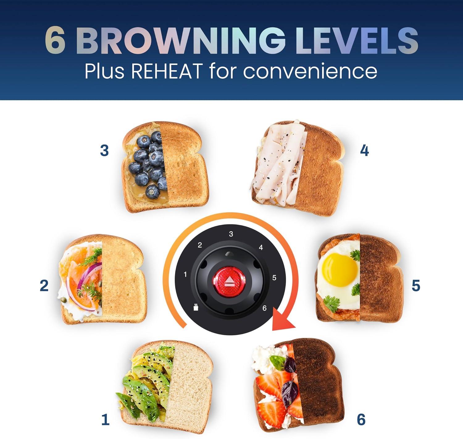 imageElite Gourmet ECT4400B Long Slot 4 Slice Toaster Countdown Timer 6 Toast Setting Defrost Cancel Function Builtin Warming Rack Extra Wide Slots for Bagel Waffle Stainless Steel2 Slice