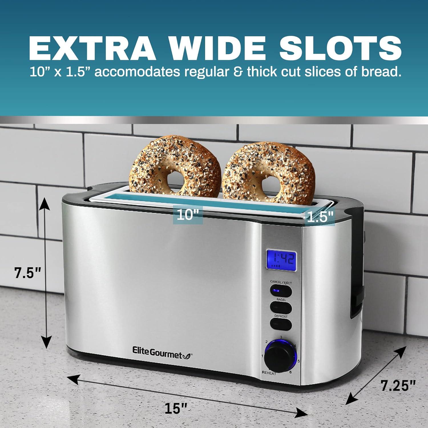 imageElite Gourmet ECT4400B Long Slot 4 Slice Toaster Countdown Timer 6 Toast Setting Defrost Cancel Function Builtin Warming Rack Extra Wide Slots for Bagel Waffle Stainless Steel4 Slice