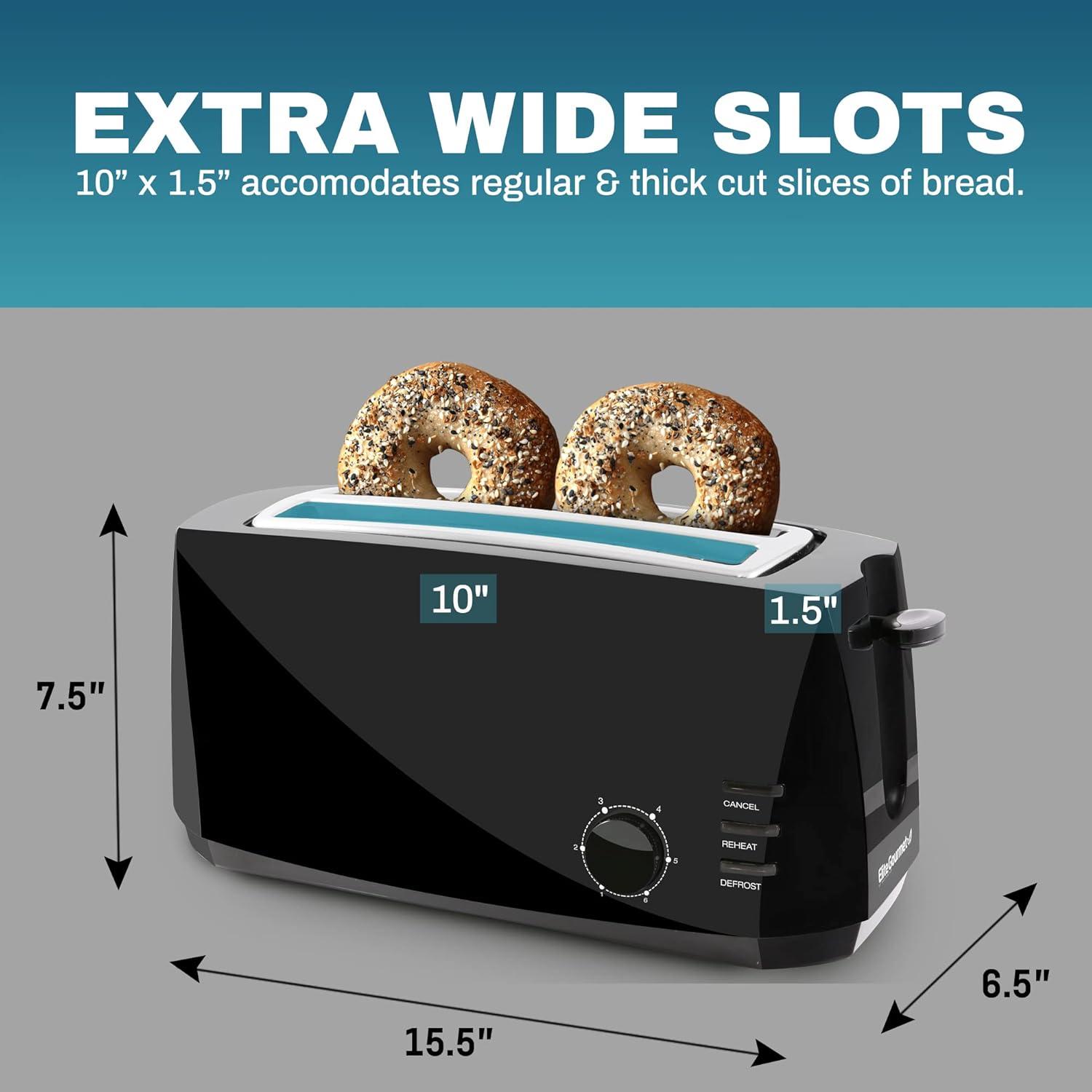 imageElite Gourmet ECT4829B Long Slot 4 Slice Toaster 6 Toast Settings Toaster Defrost Reheat Cancel Functions Slide Out Crumb Tray Extra Wide Slots for Bagels Waffles BlackBlack