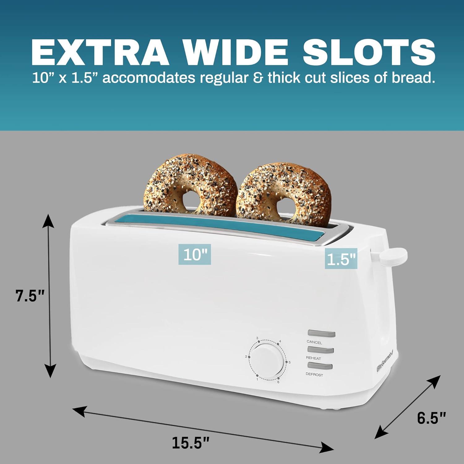 imageElite Gourmet ECT4829B Long Slot 4 Slice Toaster 6 Toast Settings Toaster Defrost Reheat Cancel Functions Slide Out Crumb Tray Extra Wide Slots for Bagels Waffles BlackWhite