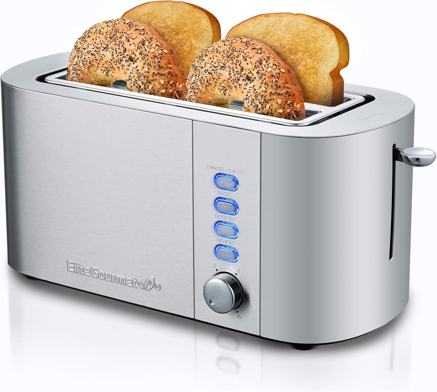 imageElite Gourmet ECT5322 Long Slot 4 Slice Toaster Countdown Timer Bagel Function 6 Toast Setting Defrost Cancel Function Builtin Warming Rack Extra Wide Slots for Bagels Waffles Stainless SteelStainless Steel
