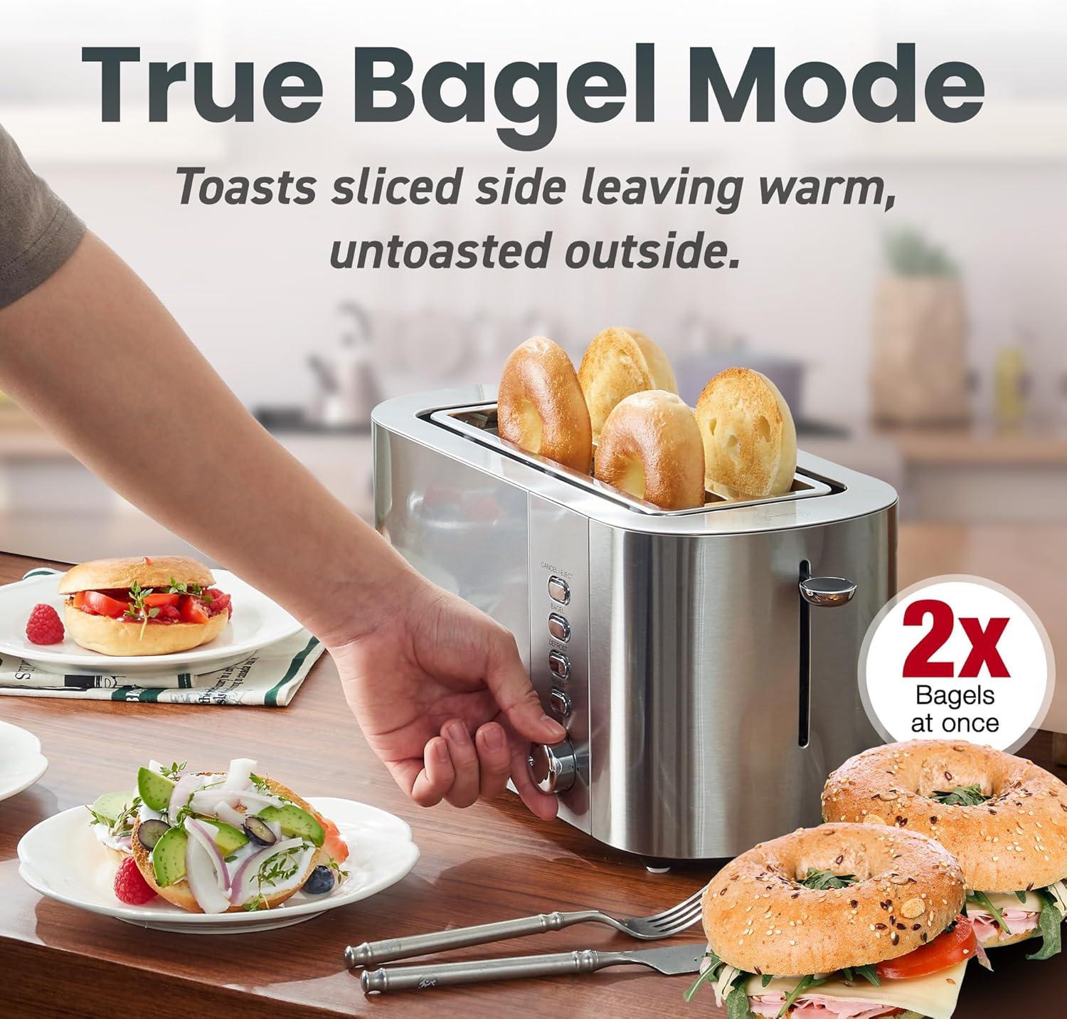 imageElite Gourmet ECT5322 Long Slot 4 Slice Toaster Countdown Timer Bagel Function 6 Toast Setting Defrost Cancel Function Builtin Warming Rack Extra Wide Slots for Bagels Waffles Stainless SteelStainless Steel