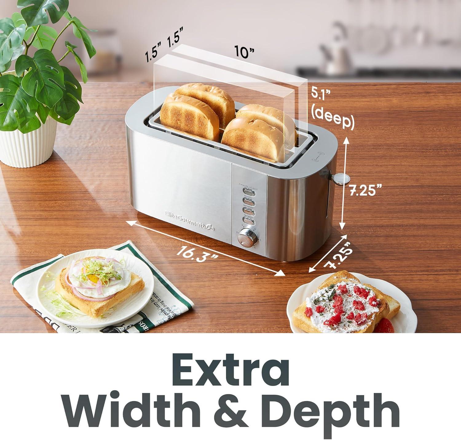 imageElite Gourmet ECT5322 Long Slot 4 Slice Toaster Countdown Timer Bagel Function 6 Toast Setting Defrost Cancel Function Builtin Warming Rack Extra Wide Slots for Bagels Waffles Stainless SteelStainless Steel