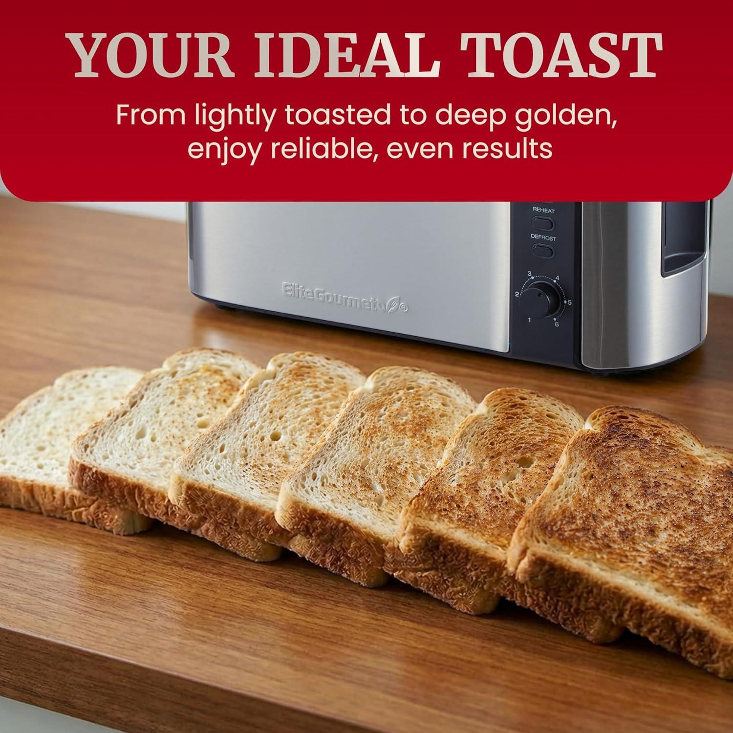 imageElite Gourmet ECT5322 Long Slot 4 Slice Toaster Countdown Timer Bagel Function 6 Toast Setting Defrost Cancel Function Builtin Warming Rack Extra Wide Slots for Bagels Waffles Stainless SteelStainless Steel