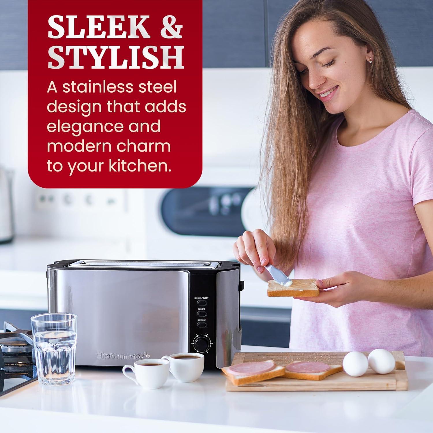 imageElite Gourmet ECT5322 Long Slot 4 Slice Toaster Countdown Timer Bagel Function 6 Toast Setting Defrost Cancel Function Builtin Warming Rack Extra Wide Slots for Bagels Waffles Stainless SteelStainless Steel