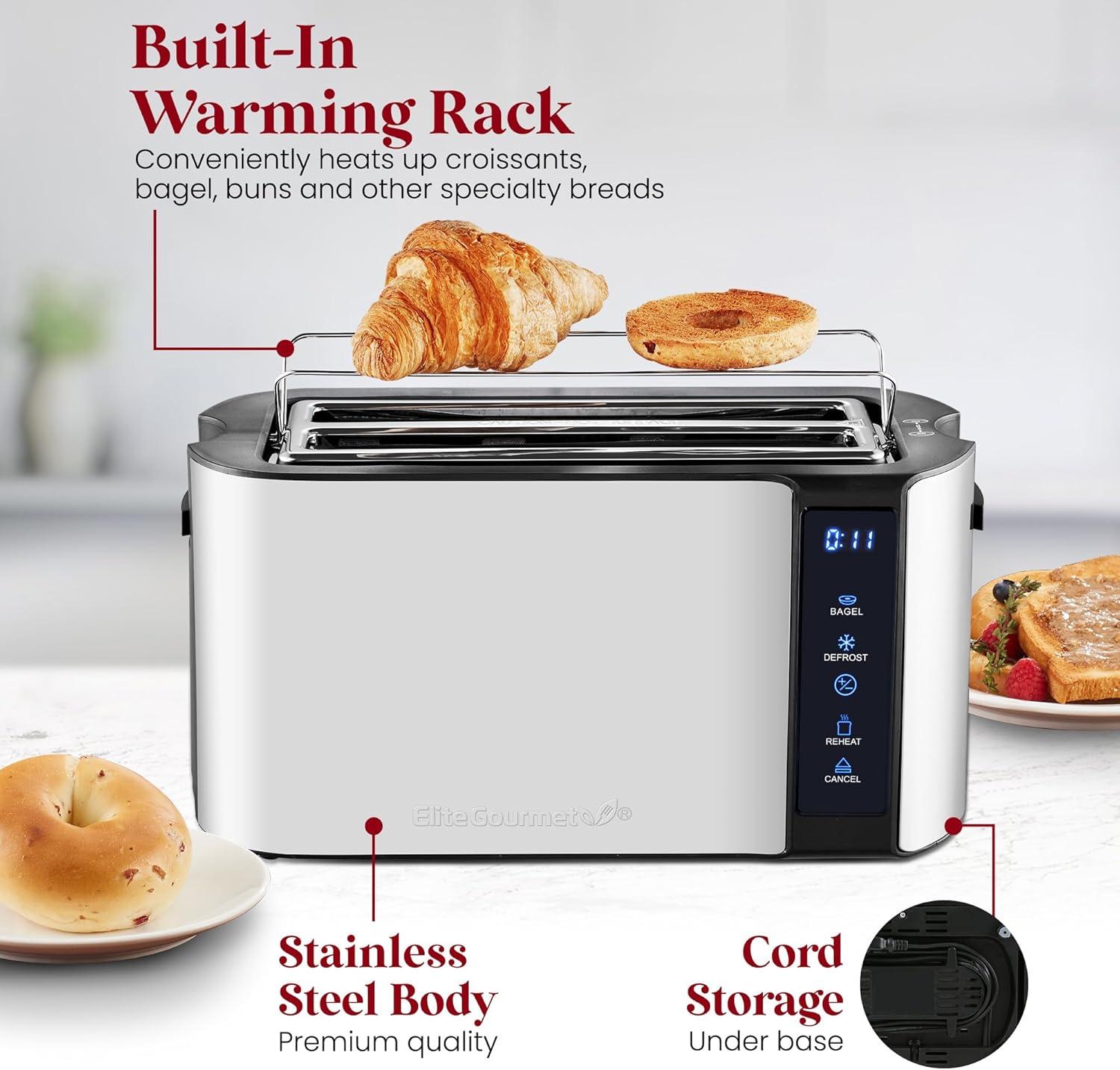 imageElite Gourmet ECT5322 Long Slot 4 Slice Toaster Countdown Timer Bagel Function 6 Toast Setting Defrost Cancel Function Builtin Warming Rack Extra Wide Slots for Bagels Waffles Stainless SteelBlack Stainless Steel