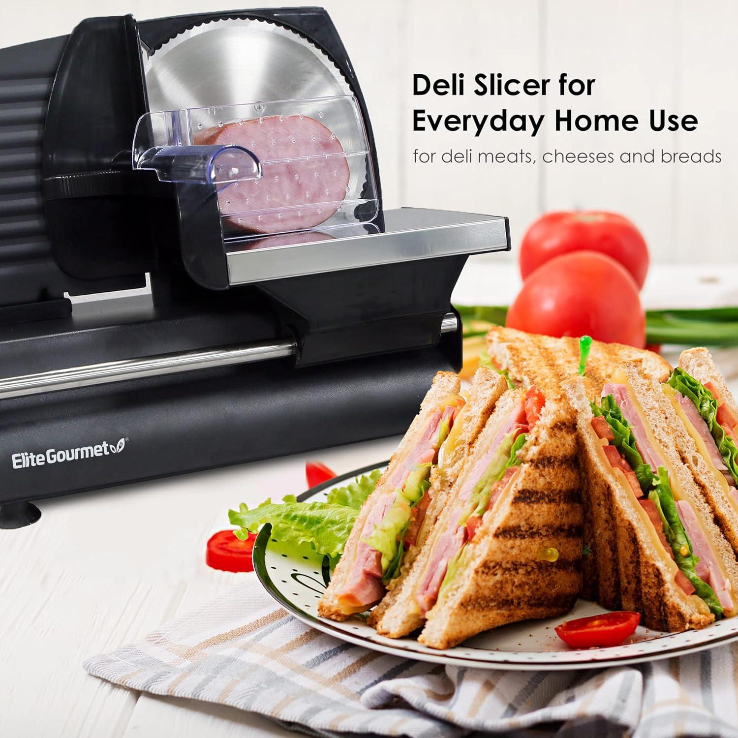 imageElite Gourmet EMT625B Ultimate Precision Electric Deli Food Meat Slicer Removable Stainless Steel Blade Adjustable Thickness Ideal for Cold Cuts Hard Cheese Vegetables amp Bread 75 BlackStainless Steel Black