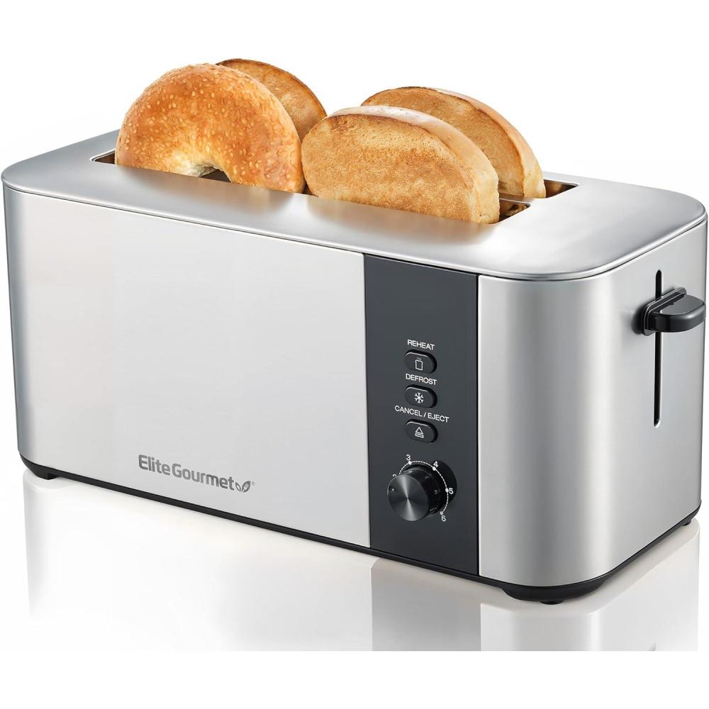 imageElite Gourmet ECT3401 Long Slot 4 Slice Toaster 15 Slot Width 6 Toast Shade Settings Reheat Defrost amp Cancel Functions Extra Large Slots for Bagels Waffles Artisan Breads Stainless Steel