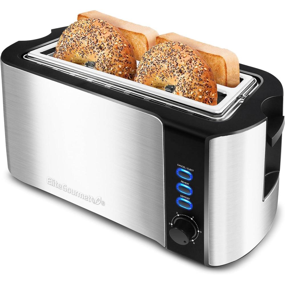 imageElite Gourmet ECT4123X Long Slot 4 Slice Toaster Extra Wide 15 and 51 Deep Slots Bagel Defrost amp Cancel Functions 6 Toast Shade Settings Fits Bagels Waffles Artisan Breads Stainless SteelMatte Black