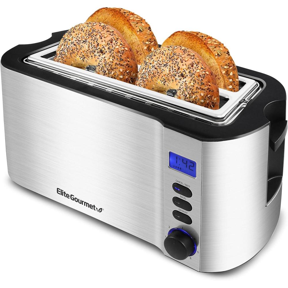imageElite Gourmet ECT4400B Long Slot 4 Slice Toaster Countdown Timer 6 Toast Setting Defrost Cancel Function Builtin Warming Rack Extra Wide Slots for Bagel Waffle Stainless Steel4 Slice