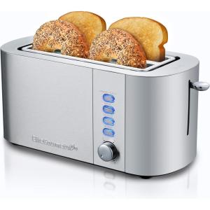Elite Gourmet ECT4123X Long Slot 4 Slice Toaster, Extra Wide 1.5″ and 5.1″ Deep Slots, Bagel, Defrost & Cancel Functions, 6 Toast Shade Settings, Fits Bagels, Waffles, Artisan Breads, Stainless Steel(Stainless Steel)