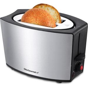Elite Gourmet ECT4400B# Long Slot 4 Slice Toaster, Countdown Timer, 6 Toast Setting, Defrost, Cancel Function, Built-in Warming Rack, Extra Wide Slots for Bagel Waffle, Stainless Steel(2 Slice)