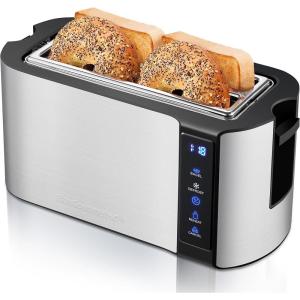 Elite Gourmet ECT5322 Long Slot 4 Slice Toaster, Countdown Timer, Bagel Function 6 Toast Setting, Defrost, Cancel Function, Built-in Warming Rack, Extra Wide Slots for Bagels Waffles, Stainless Steel(Black & Stainless Steel)