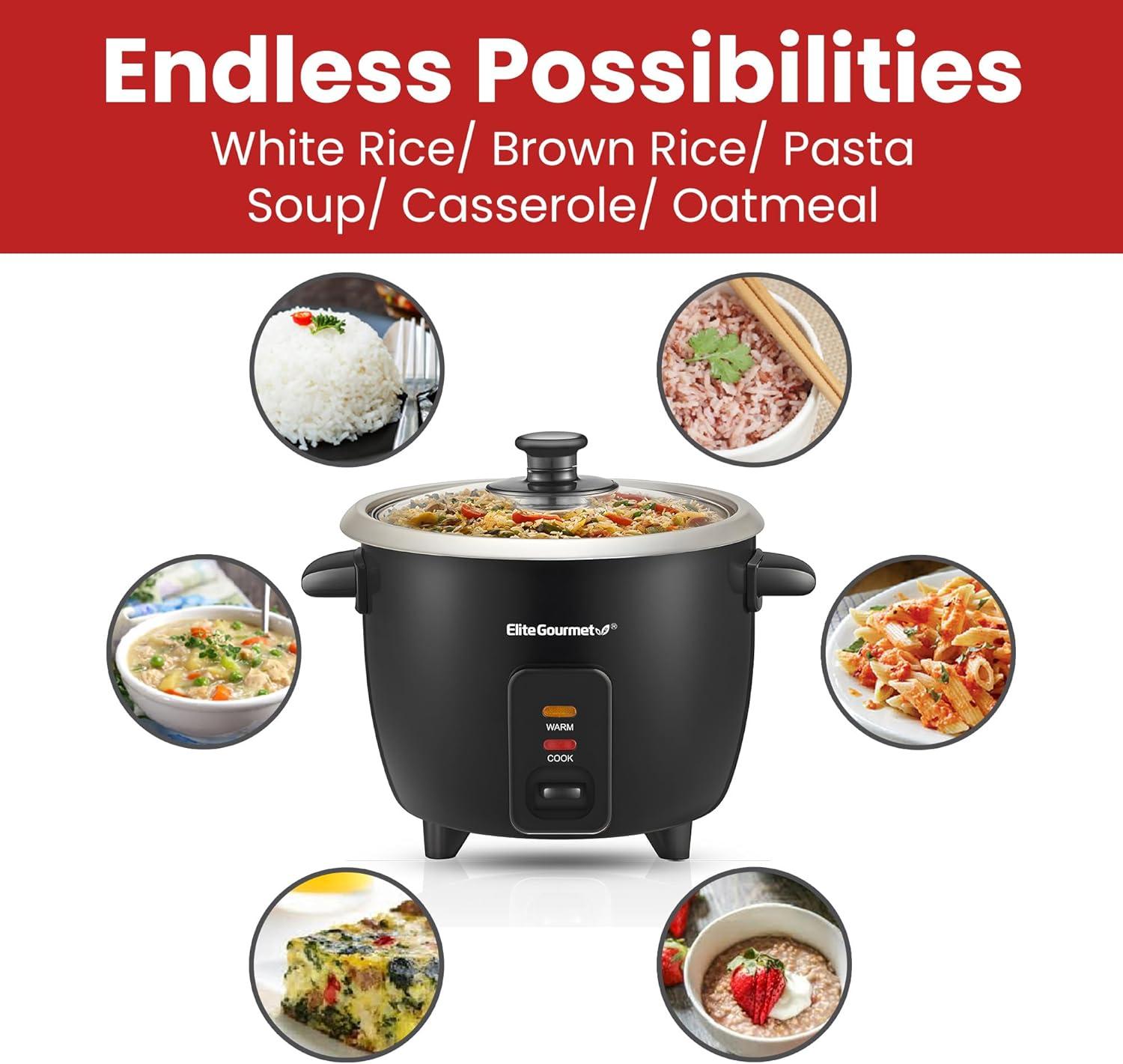 imageElite Gourmet ERC003B Electric Rice Cooker with Automatic Keep Warm Makes Soups Stews Grains Hot Cereals 6 Cups Cooked 3 Cups Uncooked BlackBlack