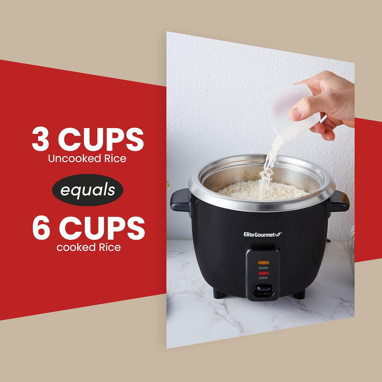 imageElite Gourmet ERC003B Electric Rice Cooker with Automatic Keep Warm Makes Soups Stews Grains Hot Cereals 6 Cups Cooked 3 Cups Uncooked BlackBlack