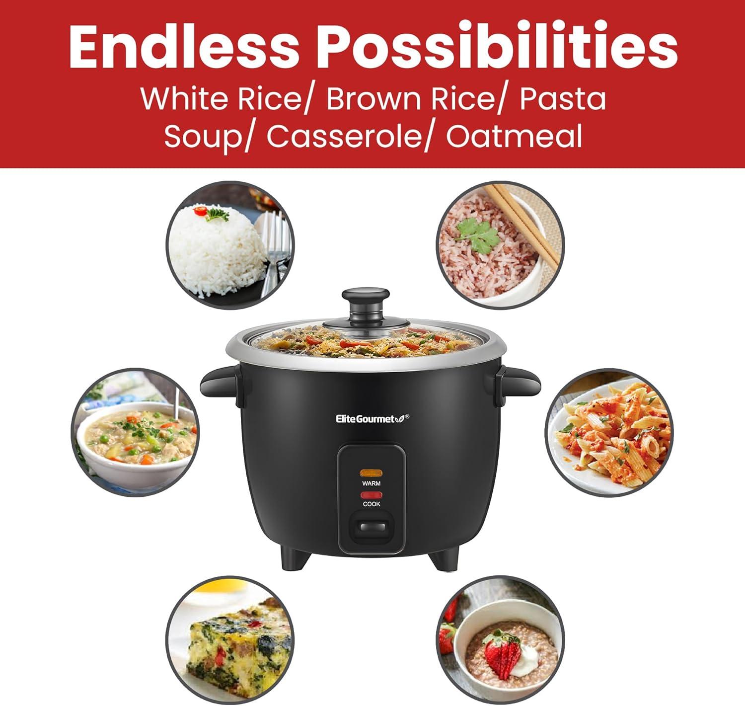 imageElite Gourmet ERC003BX Electric Rice Cooker with Automatic Keep Warm Makes Soups Stews Grains Hot Cereals 6 Cups Cooked 3 Cups Uncooked BlackBlack
